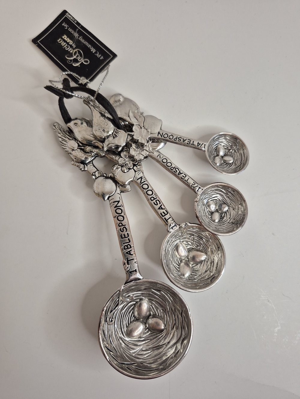 Vtg Ganz Decorative Silver Tone Metal Bird's Nest Measuring Spoons Set of 4 *